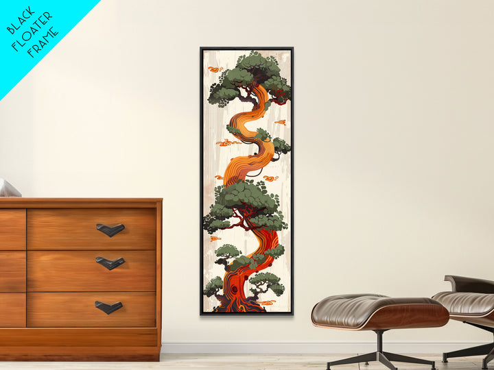 Curved Tree With Green Foliage Ukiyo-e Art Japanese Style Framed Canvas Print Wood Block Print Skinny Art Tall Art