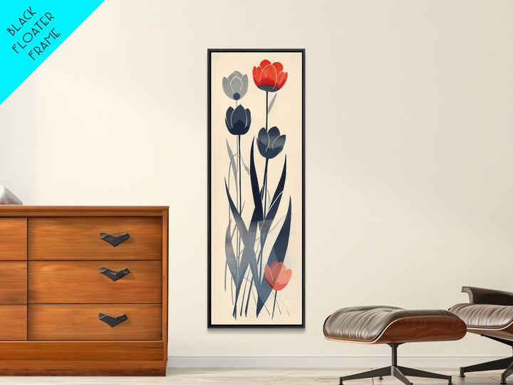 Minimalist Tulips In Red And Gray On Beige Background Framed Canvas Print Ukiyo-e Art Wood Block Print Japanese Style Skinny Art Tall Art