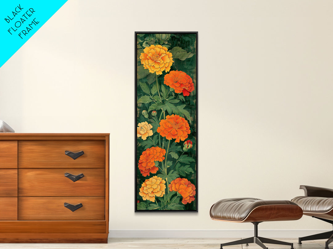 Delicate Pastel Flowers on Tall Stems Framed Canvas Print - Japanese Art Skinny Wall Décor