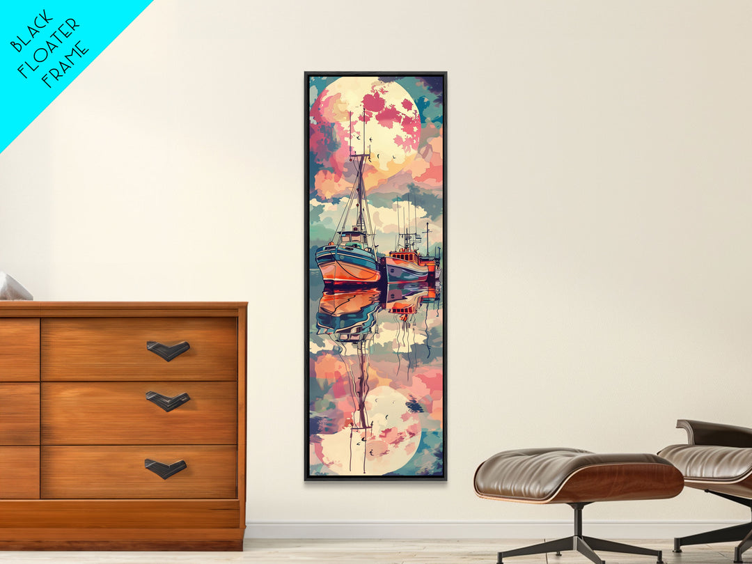 Canvas Print Colorful Fishing Boats Under Full Moon, Vibrant Coastal Scene For Nautical-Themed Home Decor, Wall Decoration