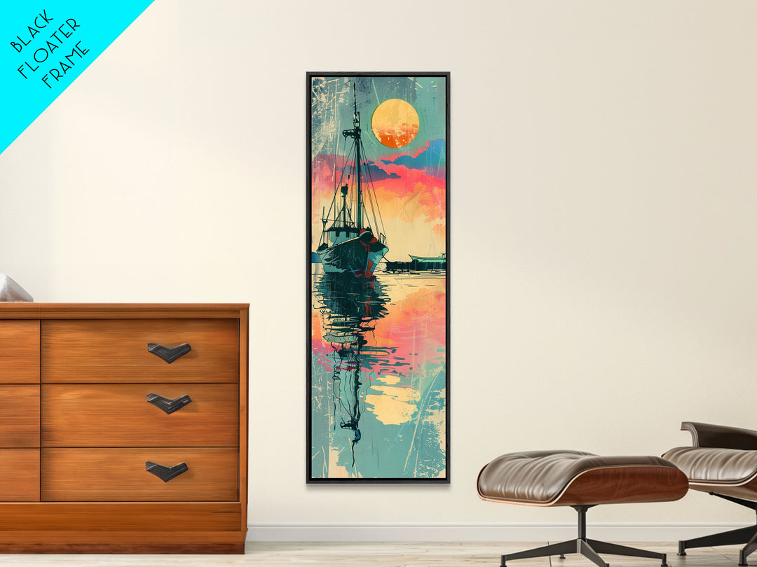 Fishing Boat Reflecting in Water with Vibrant Sunset, Japanese Art-Inspired Tall Framed Canvas Print for Wall Art