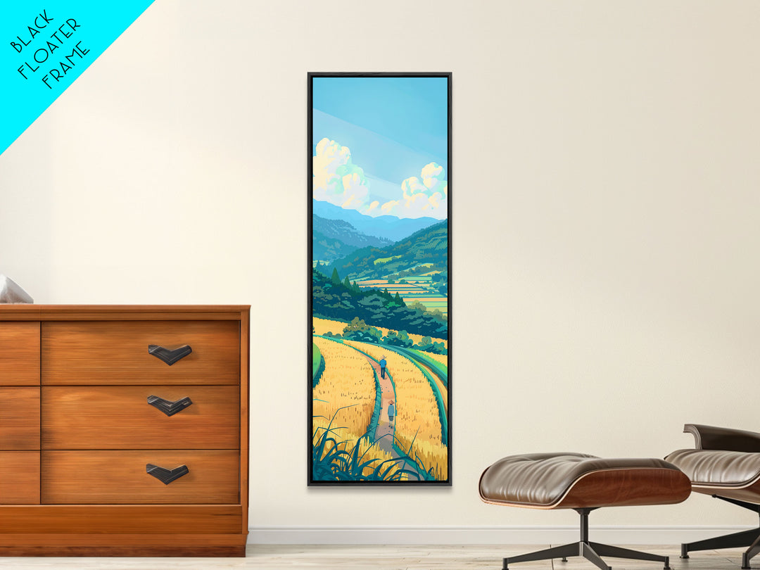 Scenic Countryside Pathway with Fields and Mountains, Skinny Framed Canvas Print for Wall Decor