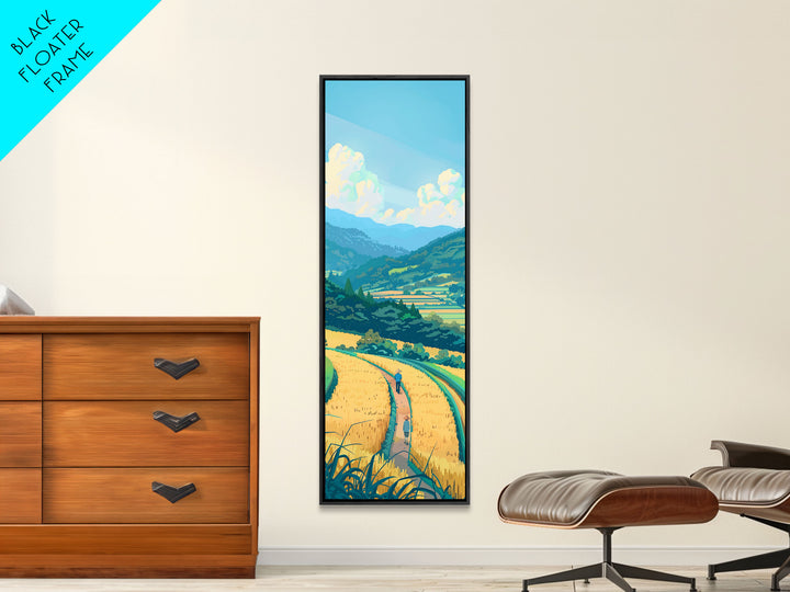 Scenic Countryside Pathway with Fields and Mountains, Skinny Framed Canvas Print for Wall Decor