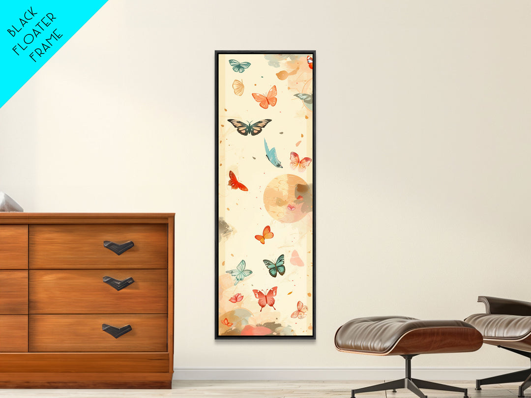 Colorful Butterflies Floating Across Light Background, Tall Framed Canvas Print for Wall Decor