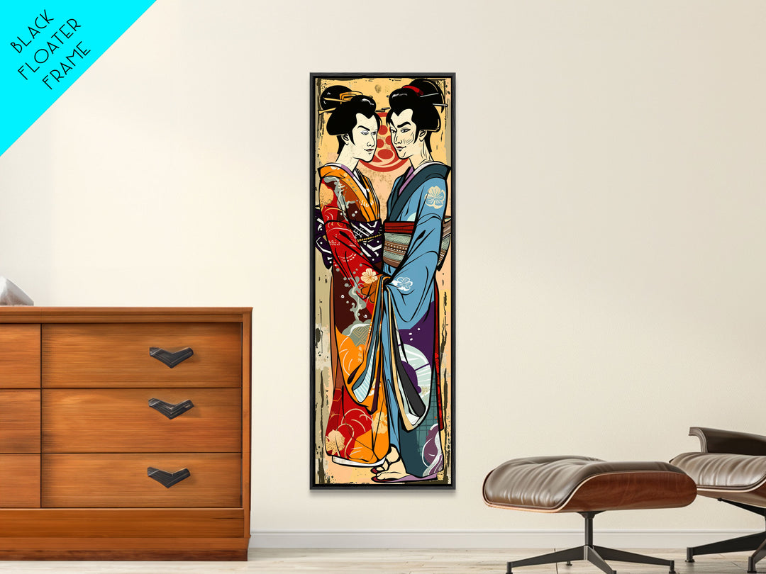 Japanese Couple in Traditional Kimono, Tall Skinny Framed Canvas Print for Wall Art
