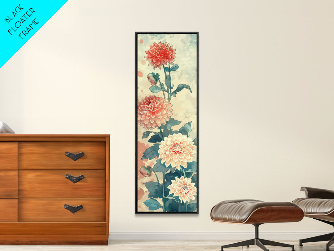 Chrysanthemums in Soft Pastel Tones on Tall Skinny Framed Canvas Print, Japanese Art Wall Decor