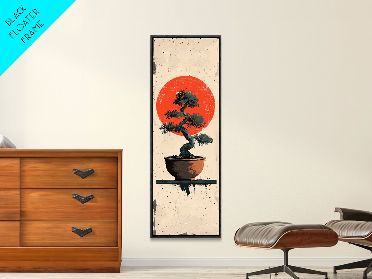 Canvas Print Bonsai Tree Silhouette Against Red Sun, Minimalistic Japanese Style Art For Modern Home, Wall Decoration