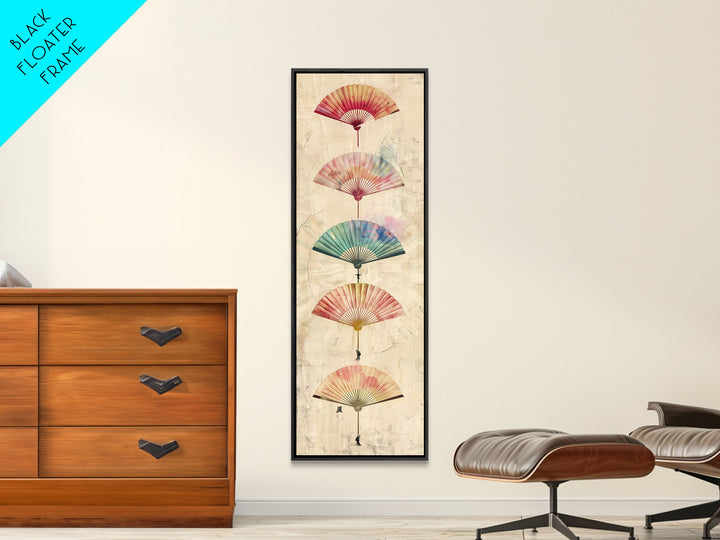 Japanese Folding Fans Cultural Art On Framed Canvas Print In Ukiyo-e Style Tall Skinny Traditional Wood Block Wall Decor
