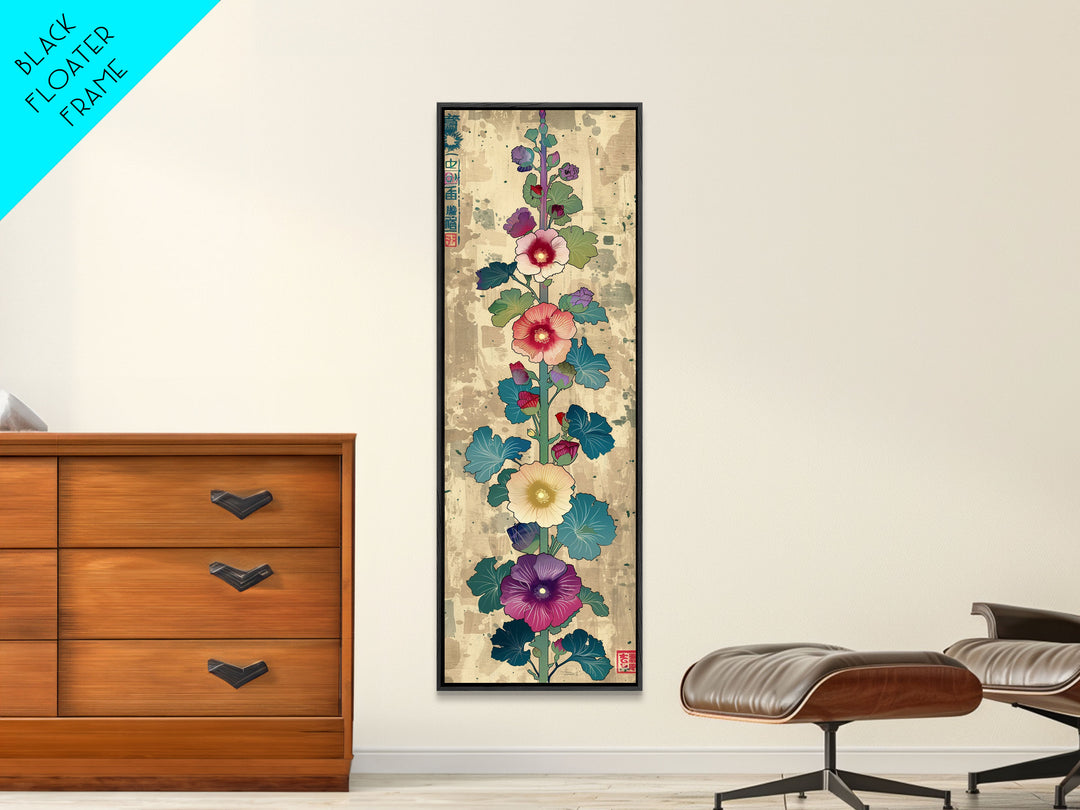Colorful Hollyhock Flowers Traditional Japanese Woodblock Style Tall Skinny Framed Canvas Print Wall Art