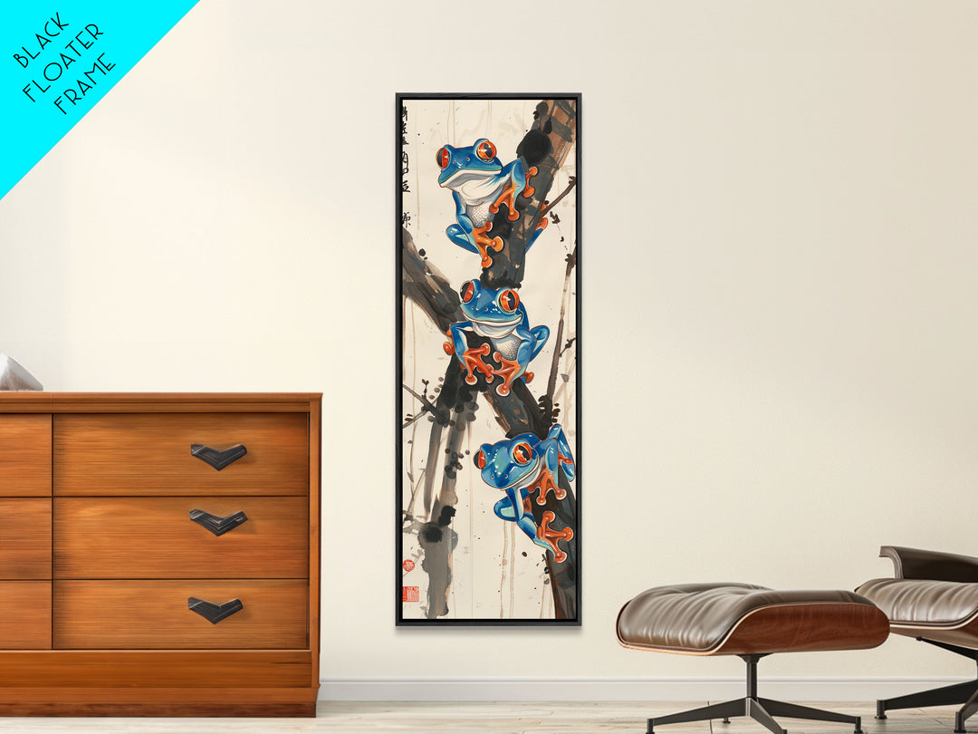 Three Blue Tree Frogs Branches Japanese Tall Wall Art Skinny Framed Canvas Print Ukiyo-e Style