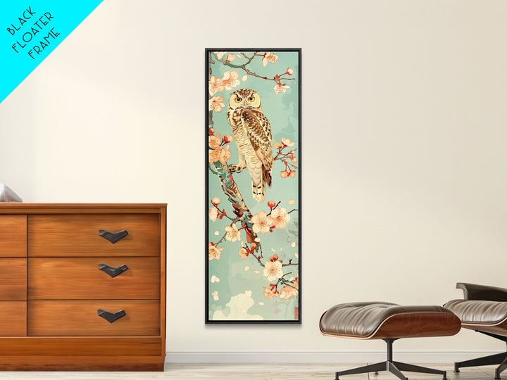 Owl Cherry Blossom Tree Traditional Japanese Tall Wall Art Skinny Framed Canvas Print Ukiyo-e Style