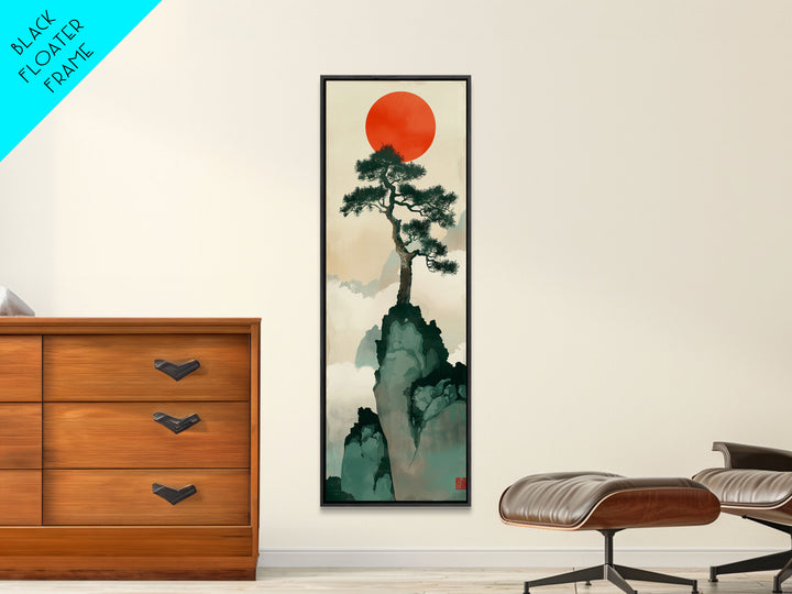 Bonsai Tree Mountain Red Sun Japanese Tall Wall Art Skinny Framed Canvas Print Ukiyo-e Style