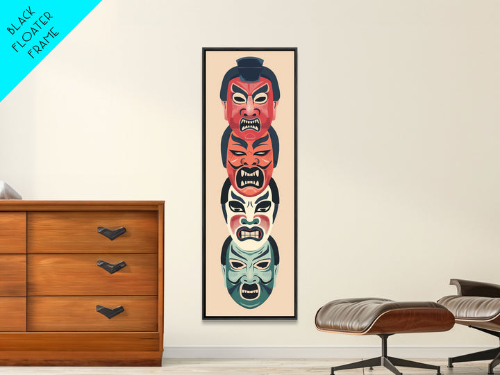 Bold Striking Japanese Kabuki Masks Vibrant Colors Depicted Traditional Style Tall Framed Canvas Print Cultural Home Decor