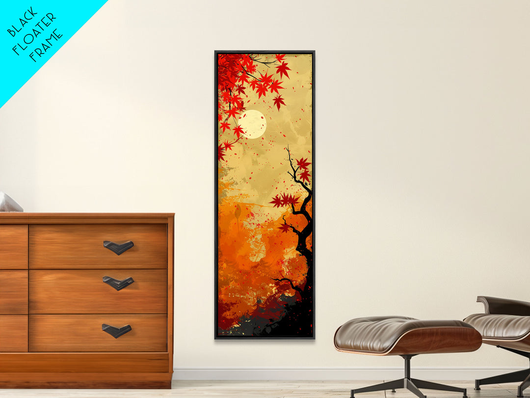 Dramatic Red Autumn Leaves Against Golden Sky Depicted Japanese Style Tall Framed Canvas Print Seasonal Wall Art