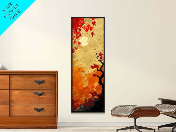 Dramatic Red Autumn Leaves Against Golden Sky Depicted Japanese Style Tall Framed Canvas Print Seasonal Wall Art