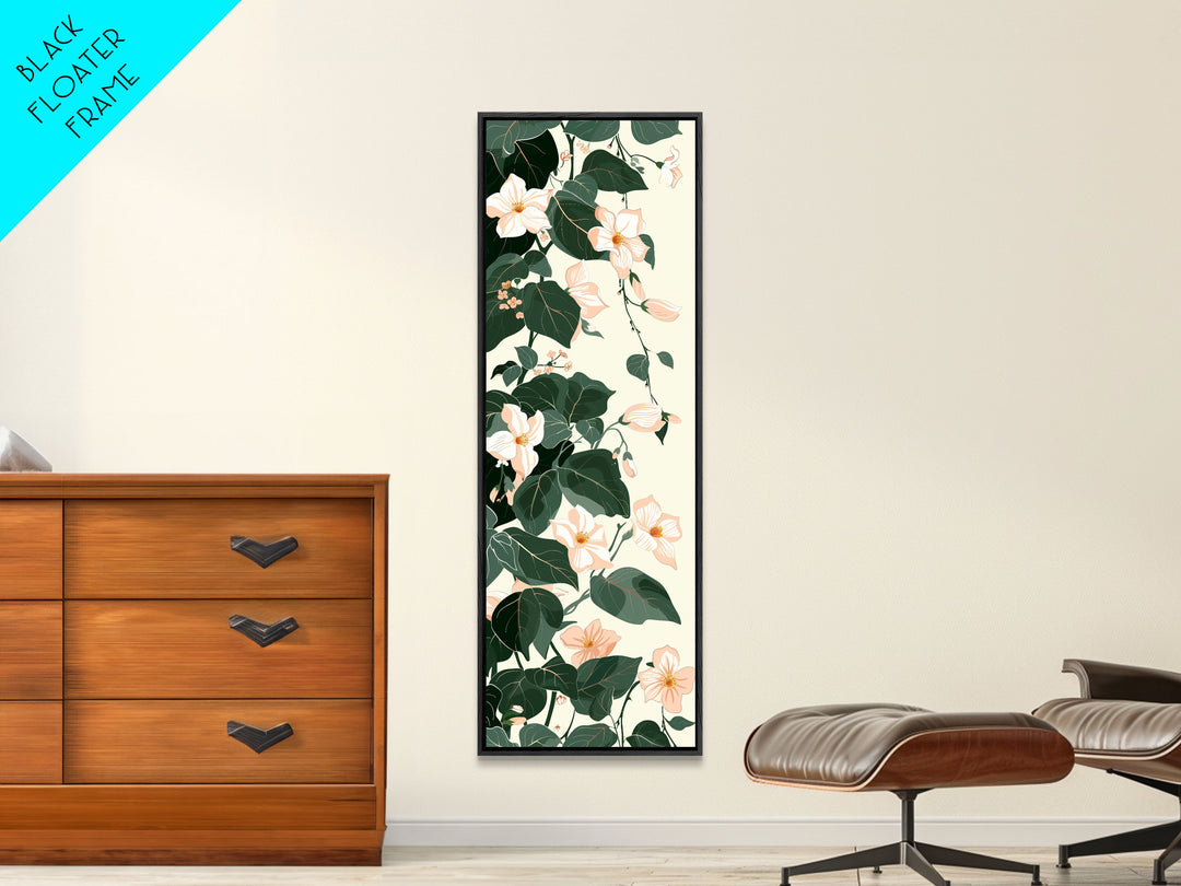 Creamy White Blossoms with Deep Green Leaves Overlapping on a Soft Background Ukiyo-e Art Japanese Framed Canvas Print Skinny Tall Art