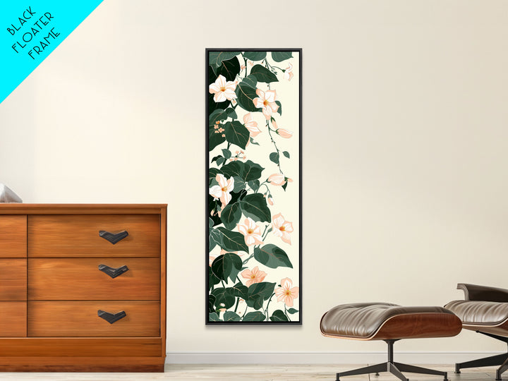 Creamy White Blossoms with Deep Green Leaves Overlapping on a Soft Background Ukiyo-e Art Japanese Framed Canvas Print Skinny Tall Art