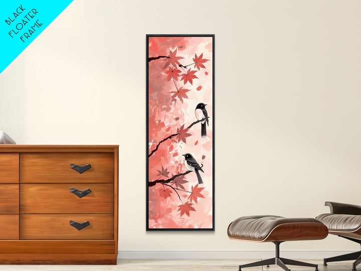 Red and Black Maple Leaves with Birds Perched on Branches Japanese Framed Canvas Print Ukiyo-e Art Skinny Tall Art