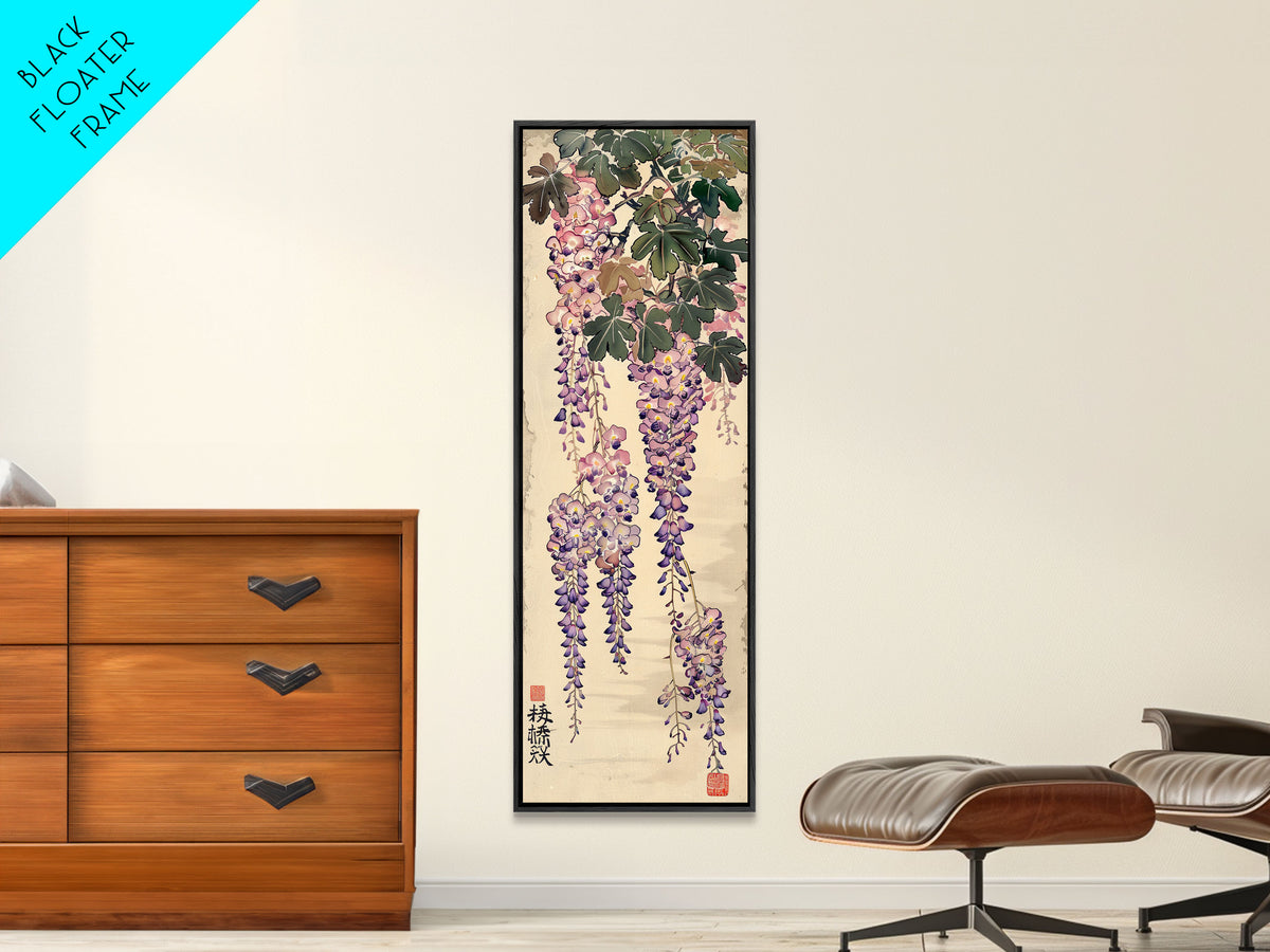 Wisteria Flowers Dangling Gracefully on a Textured Canvas Ukiyo-e Art Japanese Framed Canvas Print Skinny Tall Art