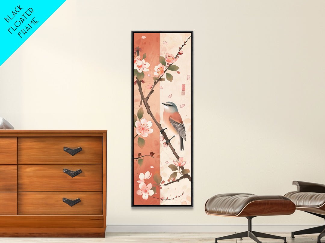 Japanese Bird Art Skinny Wall Art Framed Canvas Print Perched Bird on Branch with Cherry Blossoms and Petals in Soft Pastel Colors