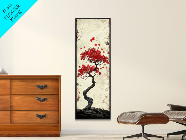Red Maple Bonsai Tree Japanese Art Skinny Wall Art Framed Canvas Print with Windswept Branches and Red Leaves