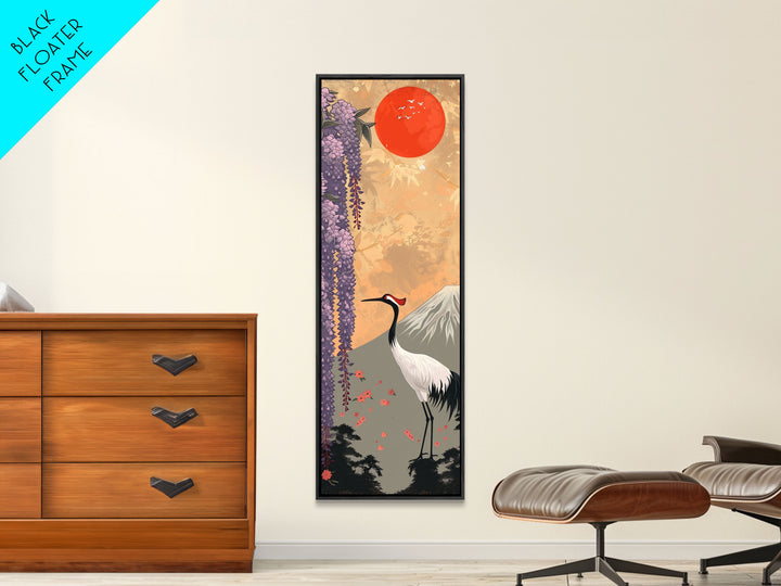 Japanese Crane Skinny Wall Art Framed Canvas Print in a Garden with Wisteria Flowers and Mount Fuji in the Background