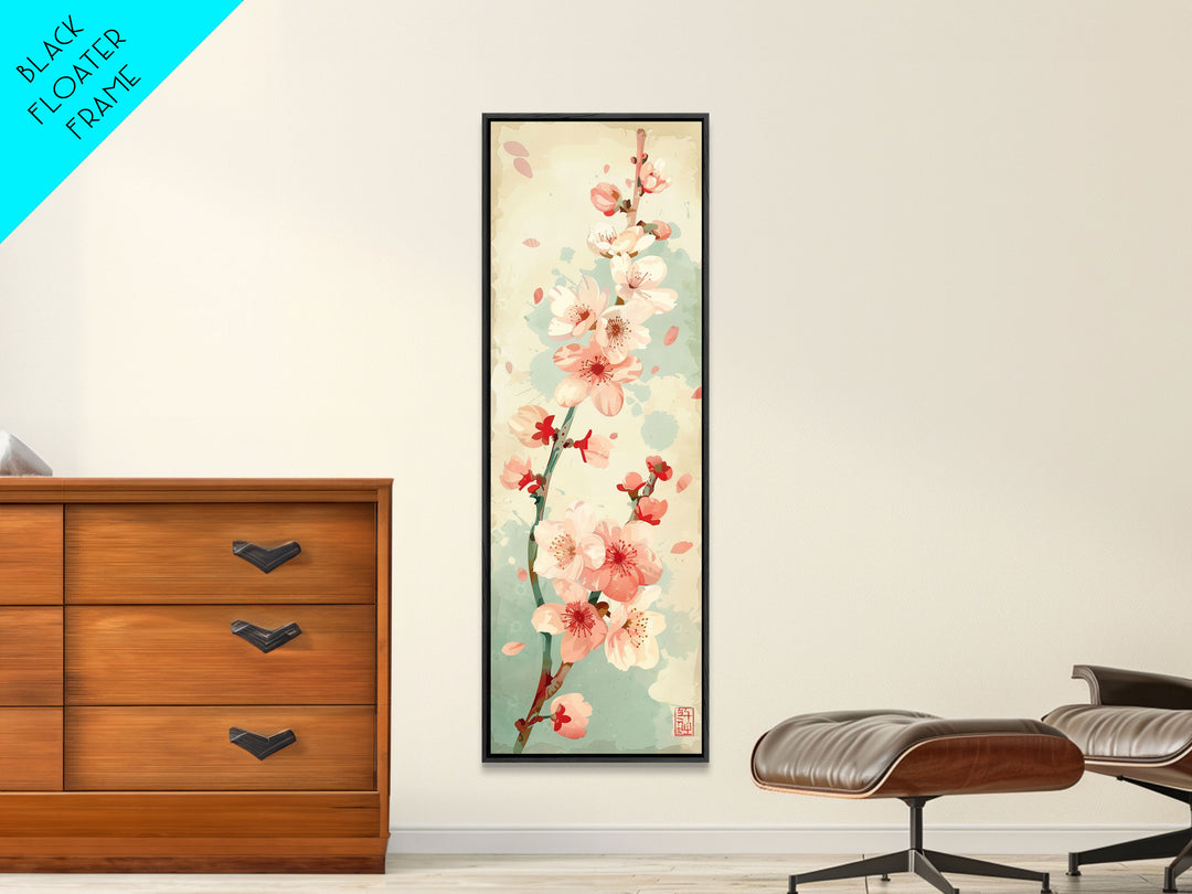 Cherry Blossom Japanese Art Skinny Wall Art Framed Canvas Print in Light Pastel Colors on Branch Against Subtle Green Background