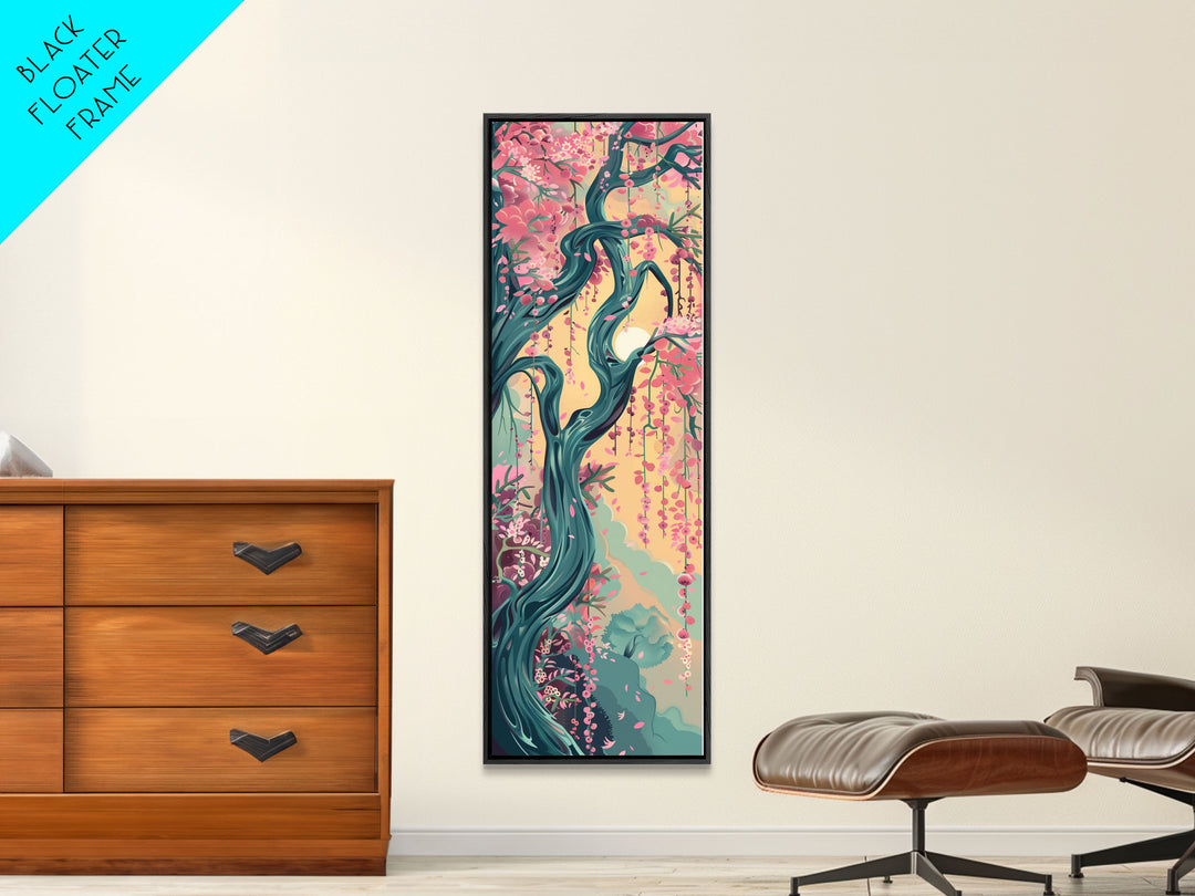 Japanese Garden Tree Skinny Wall Art Framed Canvas Print with Twisting Branches and Pink Blossoms in Warm Sunset Colors