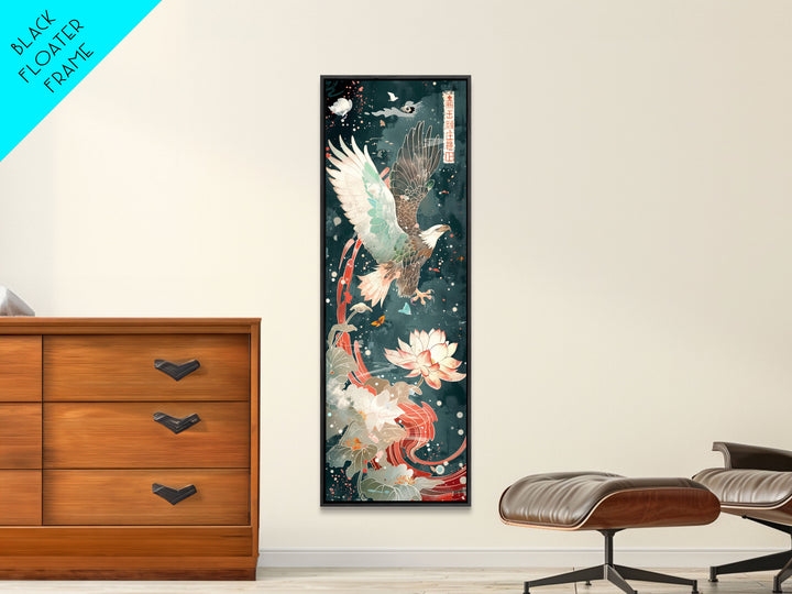 Majestic Eagle Japanese Art Skinny Wall Art Framed Canvas Print Soaring Above Lotus Flowers in Serene Water Scene
