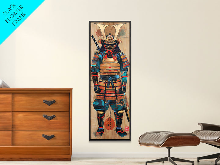 Skinny Art, Tall Art, Samurai Armor Wood Block Print Framed Canvas Print Japanese Style Art Ukiyo-e Art