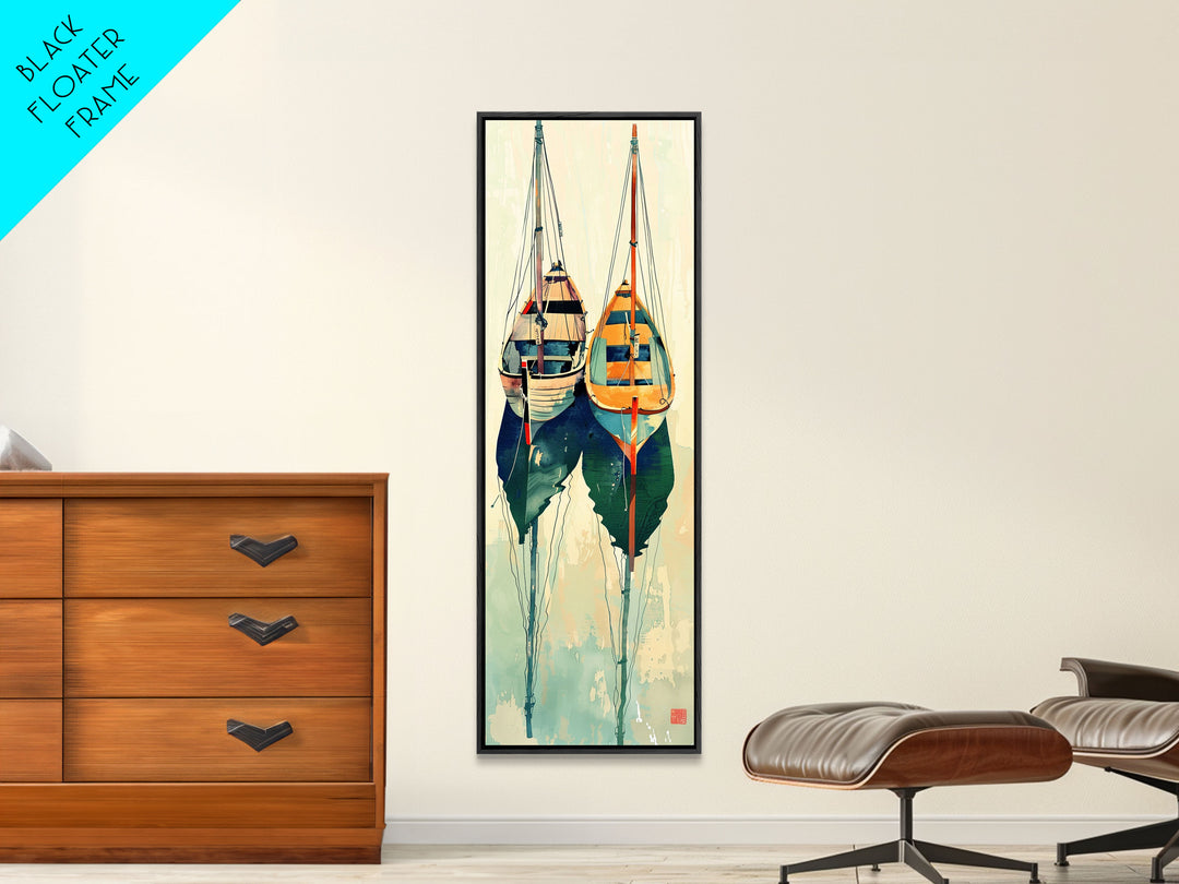 Reflective Calm Sailboats In The Harbor – Framed Canvas Print Featuring Skinny Art With Ukiyo-E Art And Japanese Style Art Tall Art Display