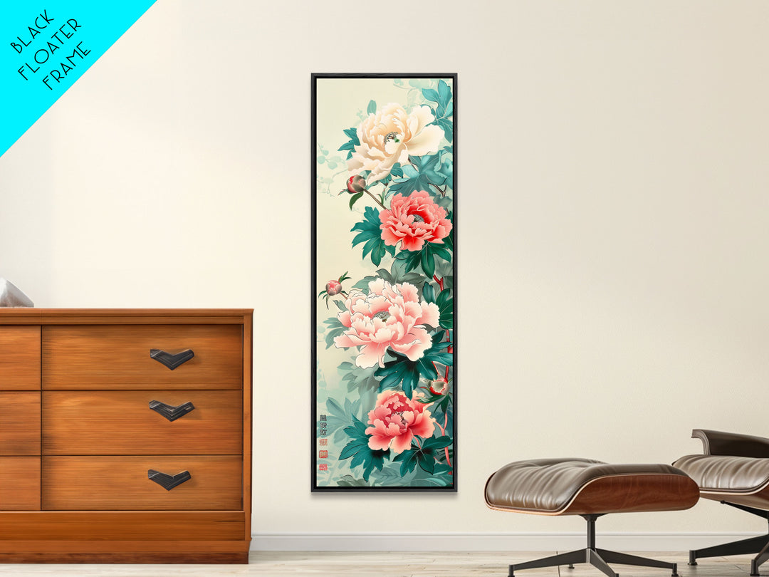 Japanese Style Art, Skinny Art, Tall Art, Peonies In Bloom Wood Block Print Framed Canvas Print Ukiyo-e Art