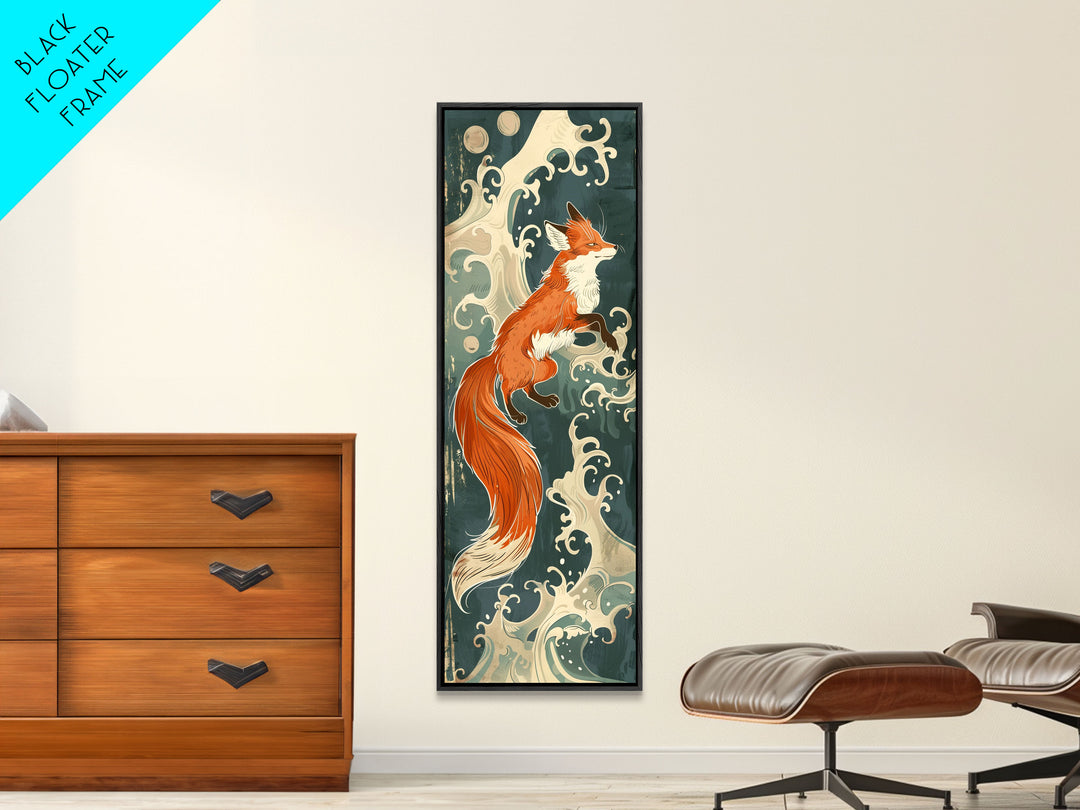 Japanese Style Art Depicting A Fox In Motion Against A Backdrop Of Foamy Waves, Skinny Art, Tall Art, Ukiyo-e Art, Framed Canvas Print, Wood Block Print
