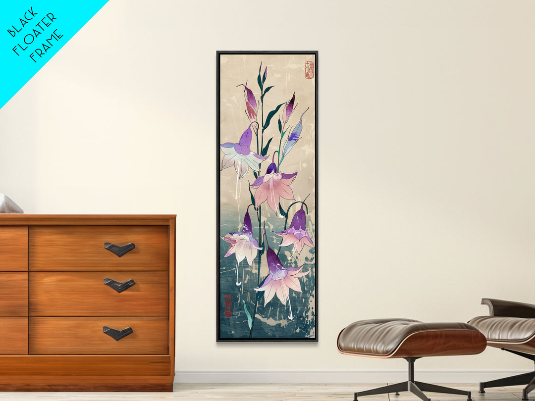 Tall Art Featuring Elegant Bellflowers In Soft Purples And Pinks Against A Muted Background, Skinny Art, Japanese Style Art, Ukiyo-e Art, Framed Canvas Print, Wood Block Print