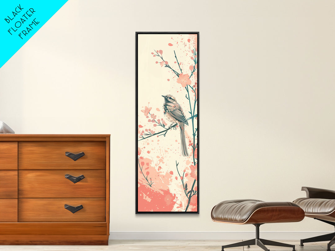 Perched Bird Among Blossoming Cherry Branches – Framed Canvas Print With Skinny Art And Tall Art Inspired By Ukiyo-E Art And Japanese Style Art