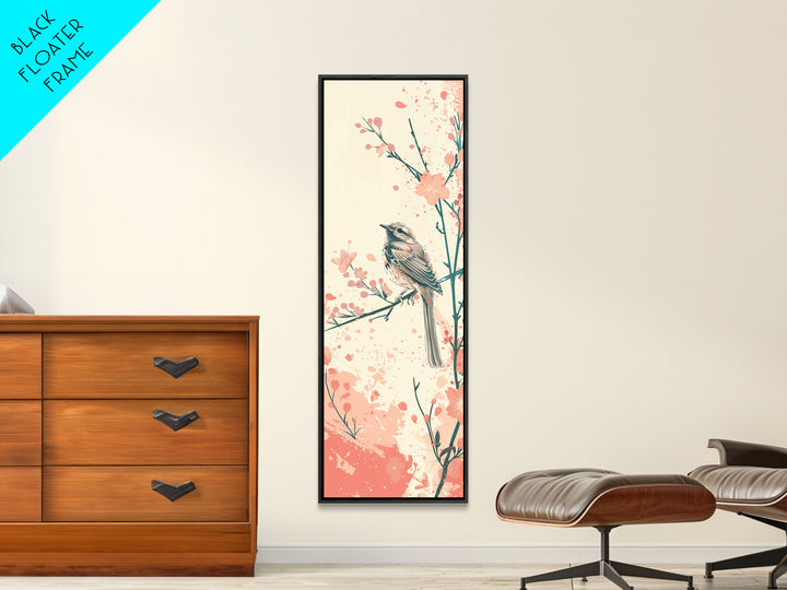 Perched Bird Among Blossoming Cherry Branches – Framed Canvas Print With Skinny Art And Tall Art Inspired By Ukiyo-E Art And Japanese Style Art