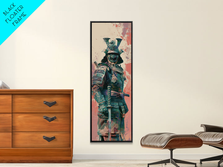 Skinny Art Tall Art Samurai Armor Wood Block Print Japanese Style Art Featuring Fierce Warrior In Full Battle Gear Framed Canvas Print