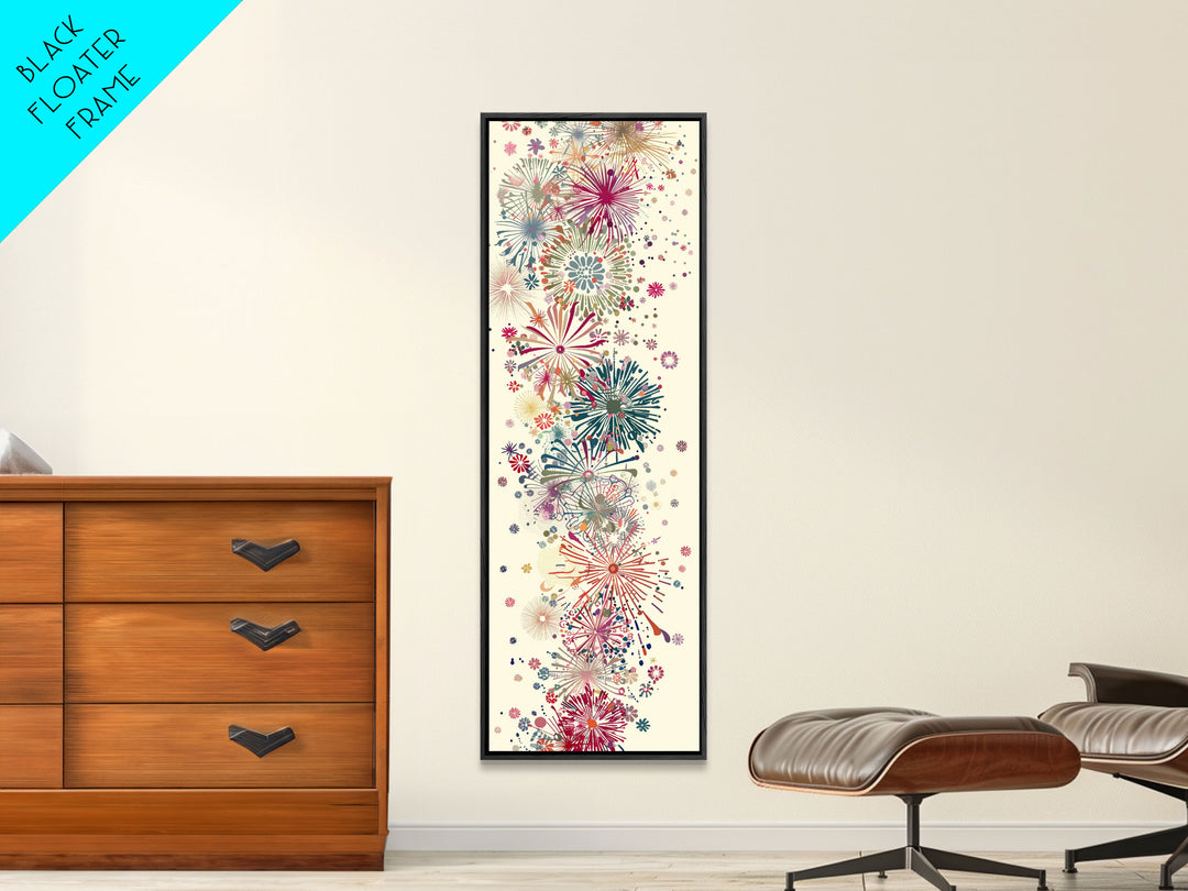 Skinny Art Tall Art Floral Burst Wood Block Print Japanese Style Art Vivid Explosions Of Colors Framed Canvas Print