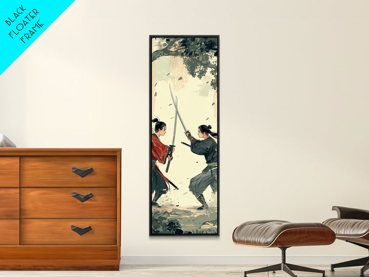 Skinny Art Tall Art Samurai Duel Wood Block Print Japanese Style Art Intense Battle Between Two Warriors Framed Canvas Print