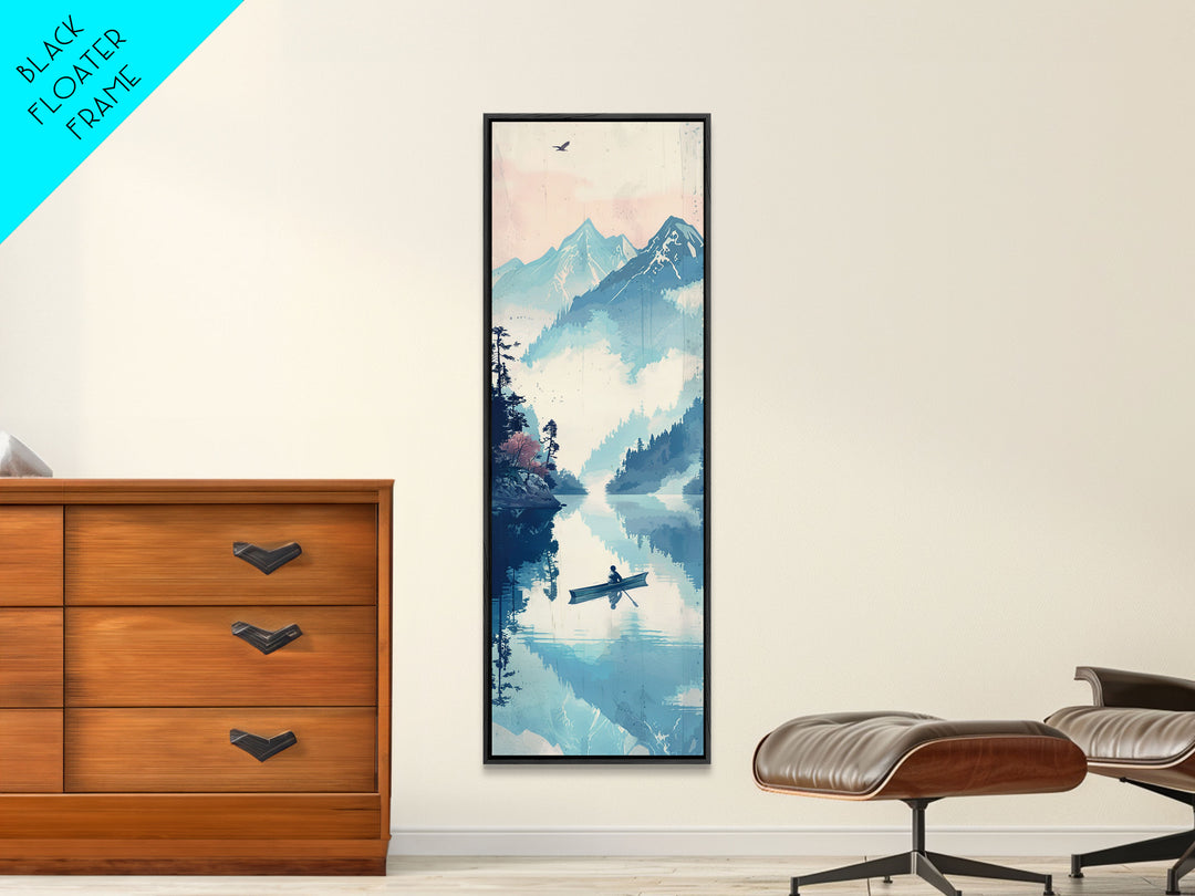 Serene Rowboat On A Misty Lake With Mountains – Framed Canvas Print Showcasing Skinny Art With Ukiyo-E Art And Japanese Style Art Tall Art