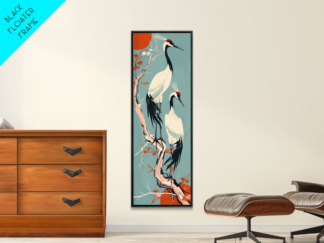 Pair Of Cranes Perched On Branch Against Orange Sun Background Skinny Art Wood Block Print Framed Canvas Print