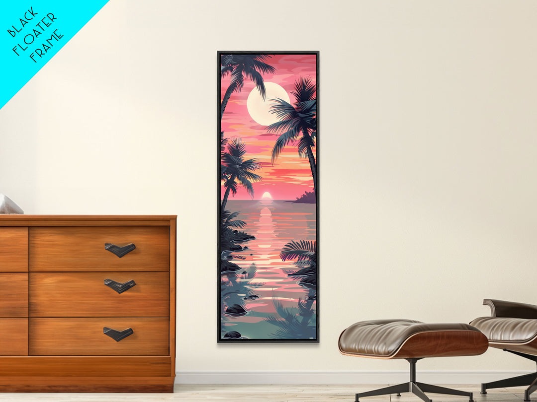 Serene Sunset With Palm Trees And Tranquil Ocean Reflection Ukiyo-e Wood Block Tall Skinny Art Framed Canvas Print
