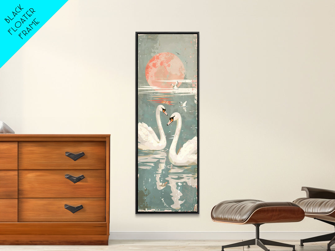 Graceful Swans With Peaceful Lake And Reflecting Sun Ukiyo-e Wood Block Skinny Tall Japanese Style Art Framed Canvas Print
