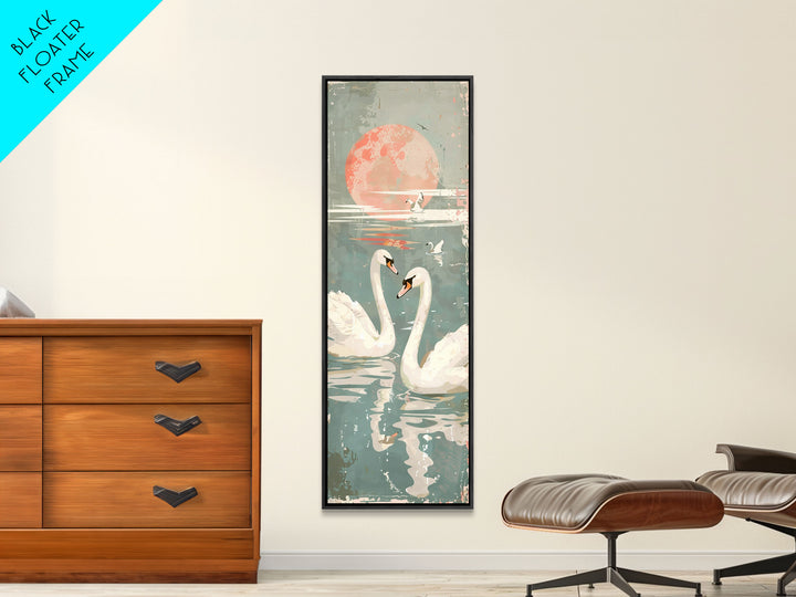 Graceful Swans With Peaceful Lake And Reflecting Sun Ukiyo-e Wood Block Skinny Tall Japanese Style Art Framed Canvas Print