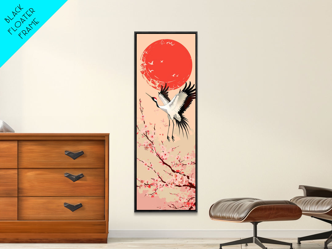Elegant Crane Bird In Mid-flight Against Bold Red Sun Ukiyo-e Tall Skinny Wood Block Framed Canvas Print Japanese Style Art