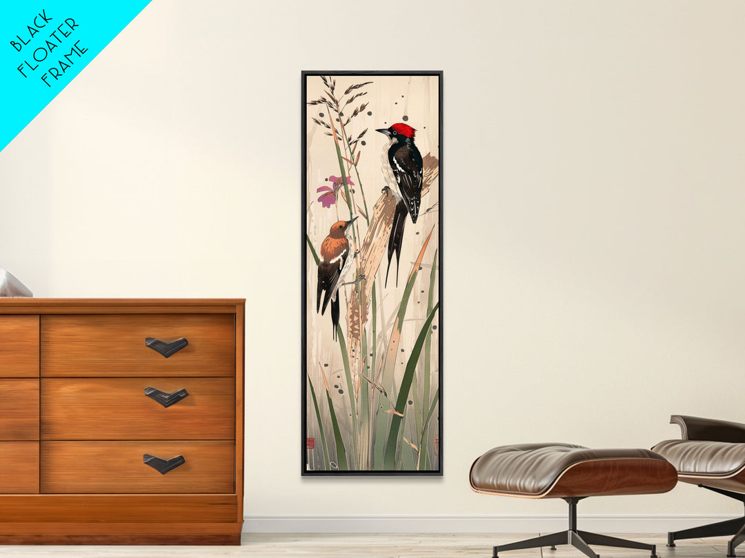 Detailed Woodpeckers Perched On Stems Amid Nature For Rustic Wall Art Ukiyo-e Japanese Style Art Skinny Framed Canvas Print