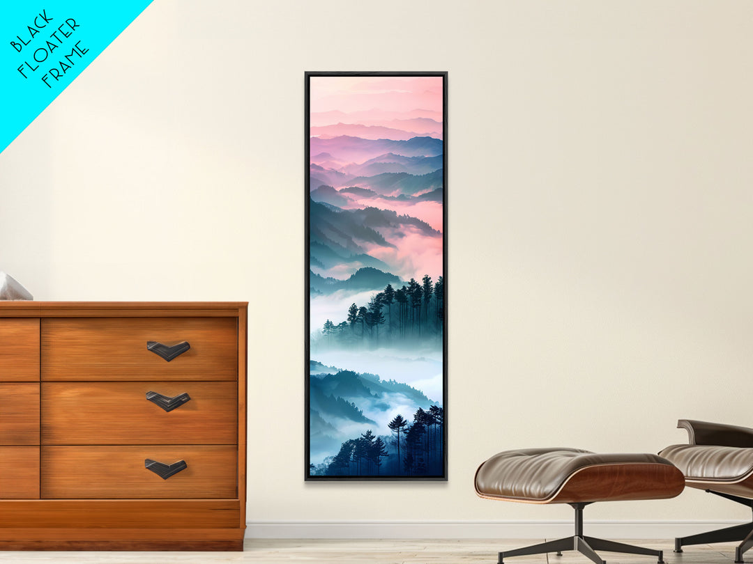 Dreamy Layers Of Misty Mountains At Dawn – Framed Canvas Print Skinny Art And Tall Art, Emphasizing Ukiyo-E Art And Japanese Style Art