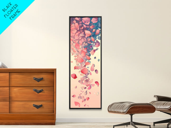 Cascading Pink Petals In Delicate Canvas, Tall Skinny Framed Wall Art For Feng Shui-Inspired Spaces, Japanese Style Art