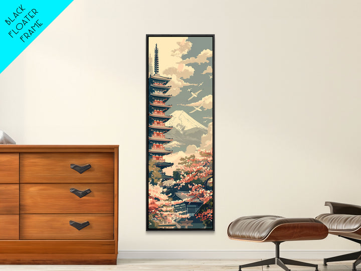Japanese Pagoda With Mt Fuji And Cherry Blossoms – Framed Canvas Print Featuring Skinny Art Tall Art, Highlighting Ukiyo-E Art And Japanese Style Art
