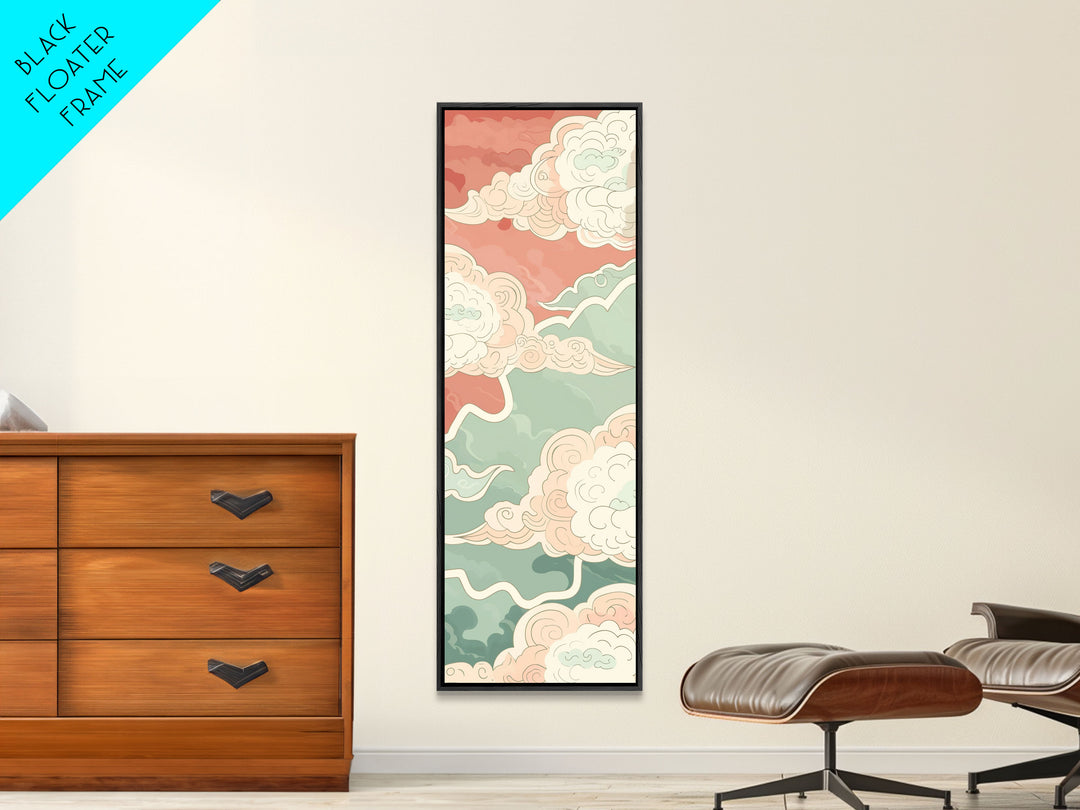 Traditional Japanese Cloud Design In Pastel Colors, Ukiyo-e Style Canvas, Framed Canvas Print, Tall Skinny Japanese Wall Art, Ready To Hang